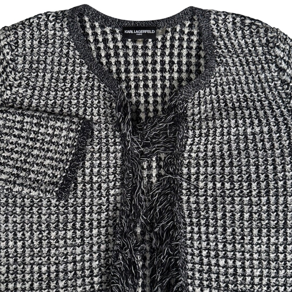 Karl Lagerfeld Paris Black White Knit Fringe Open Front Jacket‎ Blazer Womens L